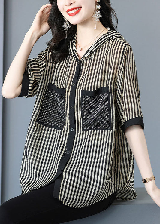 Italian Striped Hooded Pockets Patchwork Chiffon Shirt Tops Summer