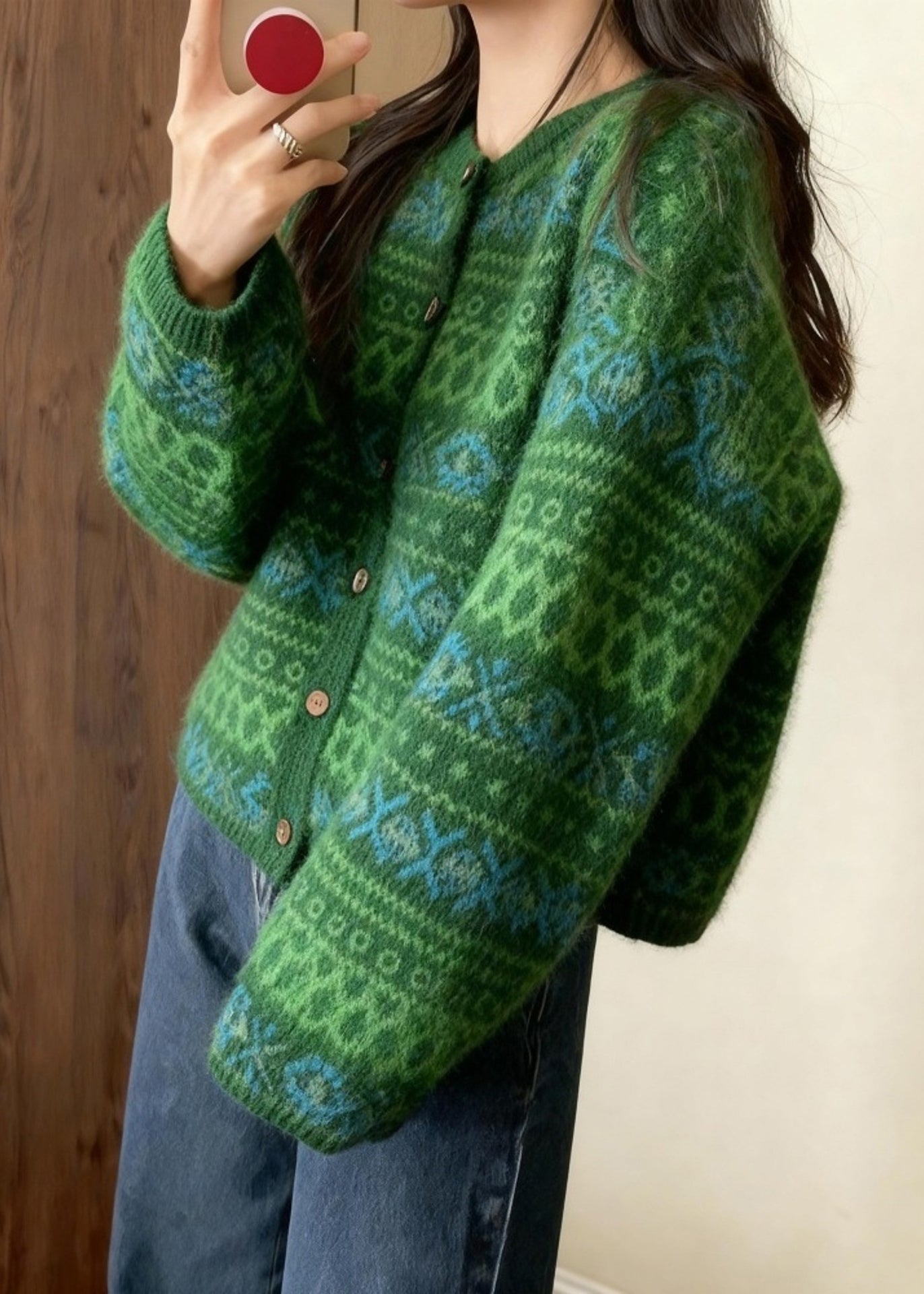 Italian Tea Green Oversized Print Knit Cardigan Winter