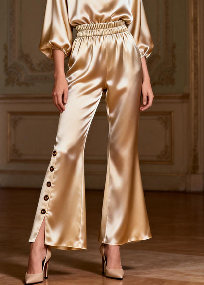 Italian V Neck Button Elastic Waist Silk Two Pieces Set Bracelet Sleeve