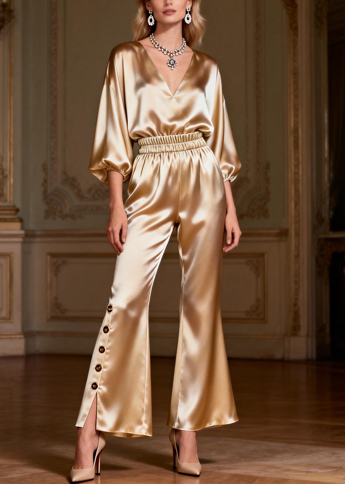 Italian V Neck Button Elastic Waist Silk Two Pieces Set Bracelet Sleeve