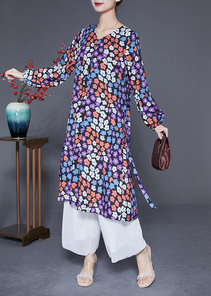 Italian V Neck Floral Print Silk Cinched Dresses Long Sleeve