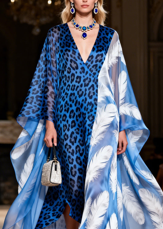 Italian V Neck Leopard Feather Patchwork Chiffon Maxi Dresses Summer