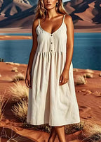 Italian V Neck Linen Spaghetti Strap Dresses Sleeveless