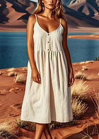 Italian V Neck Linen Spaghetti Strap Dresses Sleeveless