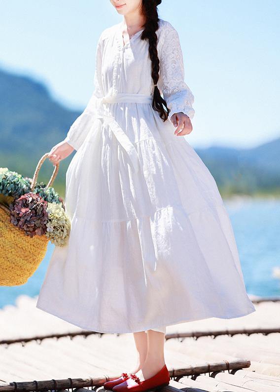 Italian V Neck Patchwork Lace Dress Pattern White Dress - SooLinen