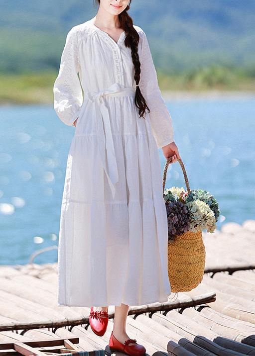 Italian V Neck Patchwork Lace Dress Pattern White Dress - SooLinen