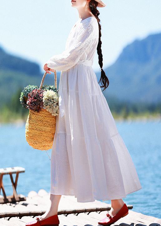 Italian V Neck Patchwork Lace Dress Pattern White Dress - SooLinen