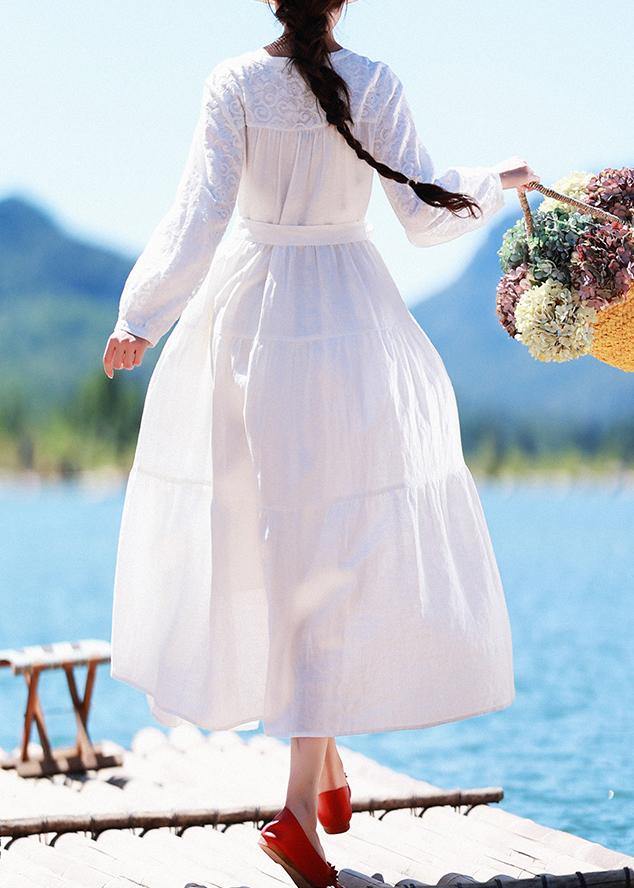 Italian V Neck Patchwork Lace Dress Pattern White Dress - SooLinen