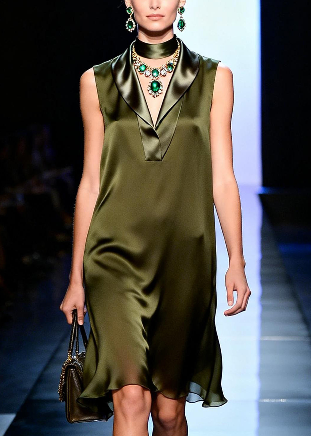 Italian V Neck Patchwork Silk Mid Dress Sleeveless