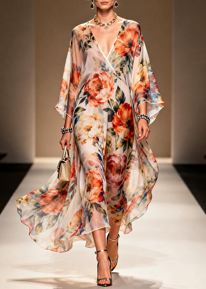 Italian V Neck Print Chiffon Long Dresses Summer