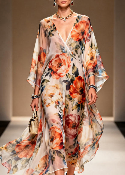 Italian V Neck Print Chiffon Long Dresses Summer