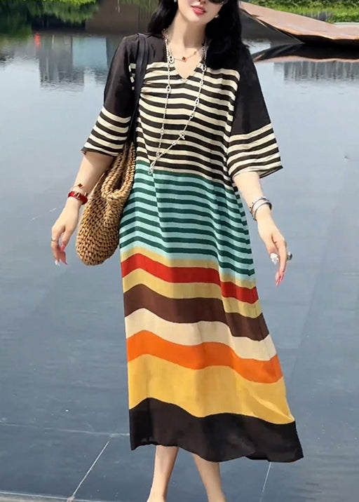 Italian V Neck Rainbow Striped Silk Dress Summer