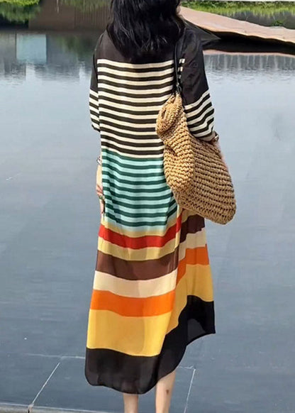 Italian V Neck Rainbow Striped Silk Dress Summer