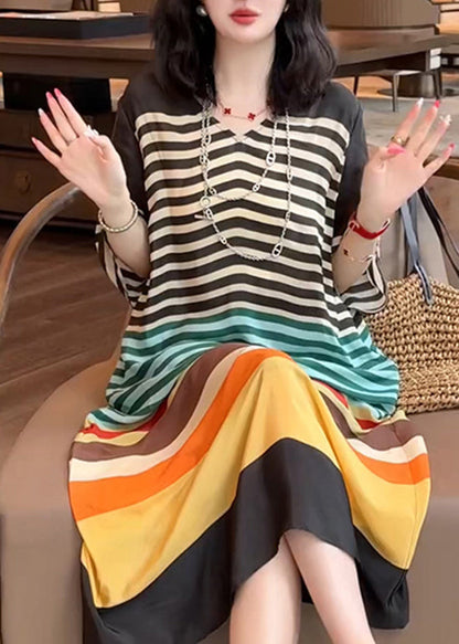 Italian V Neck Rainbow Striped Silk Dress Summer