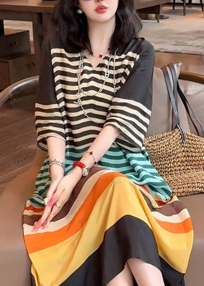 Italian V Neck Rainbow Striped Silk Dress Summer