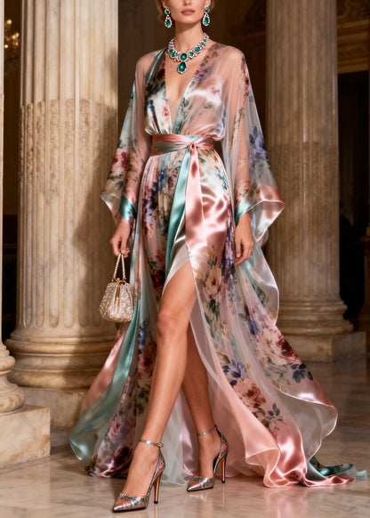 Italian V Neck Tie Waist Silk Long Spaghetti Strap Dress Fall