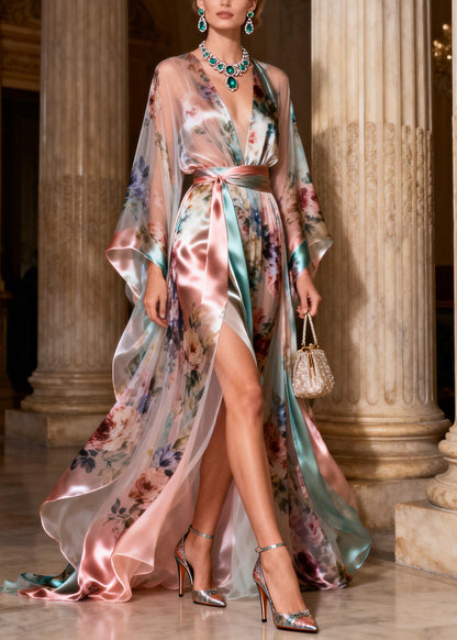 Italian V Neck Tie Waist Silk Long Spaghetti Strap Dress Fall