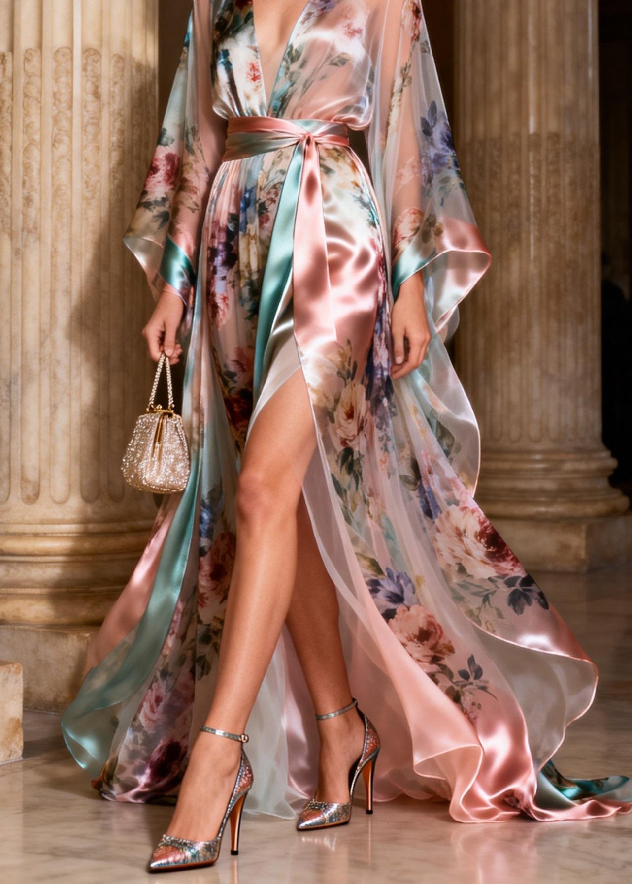 Italian V Neck Tie Waist Silk Long Spaghetti Strap Dress Fall
