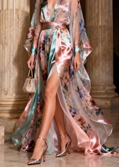 Italian V Neck Tie Waist Silk Long Spaghetti Strap Dress Fall