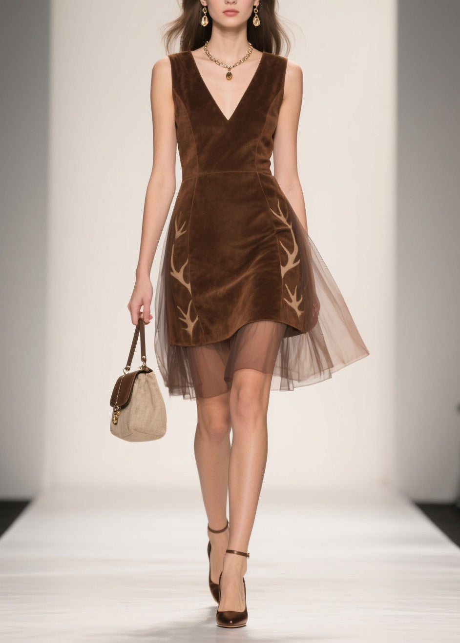 Italian V Neck Tulle Patchwork Velour Dresses Sleeveless