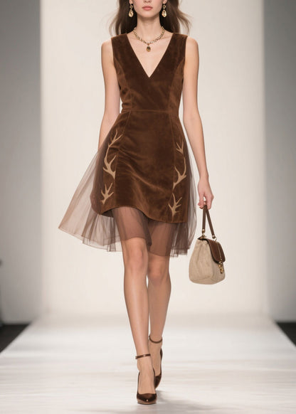 Italian V Neck Tulle Patchwork Velour Dresses Sleeveless