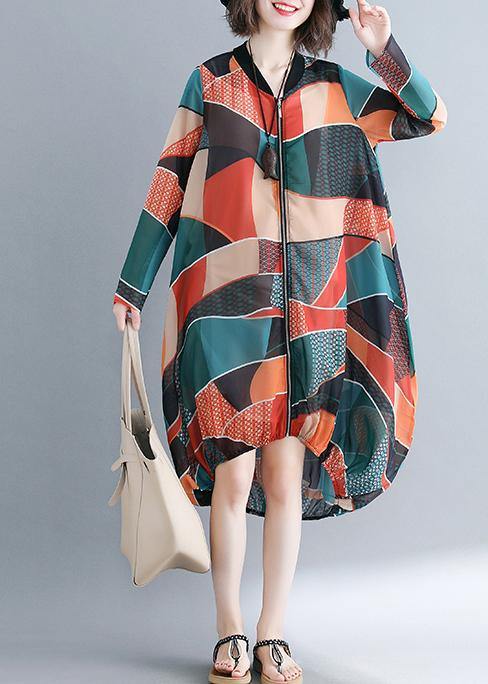 Italian V Neck Zippered Tunics For Women Catwalk Geometric Maxi Dress - SooLinen