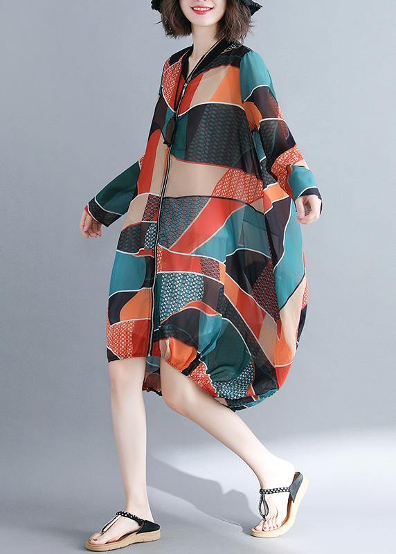 Italian V Neck Zippered Tunics For Women Catwalk Geometric Maxi Dress - SooLinen