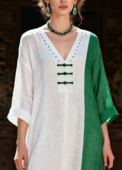 Italian White Asymmetrical Patchwork Chinese Button Cotton Dresses Summer