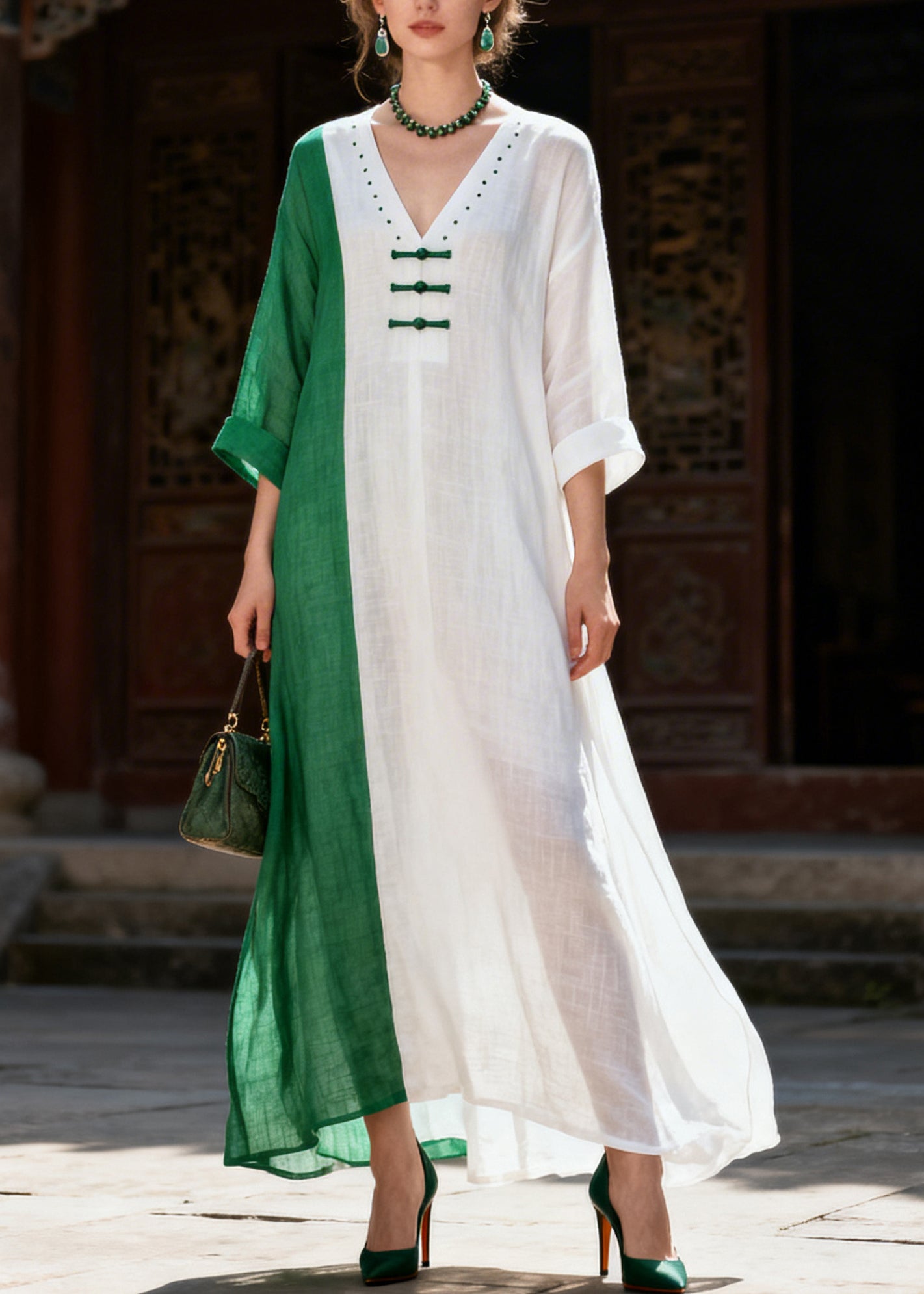 Italian White Asymmetrical Patchwork Chinese Button Cotton Dresses Summer
