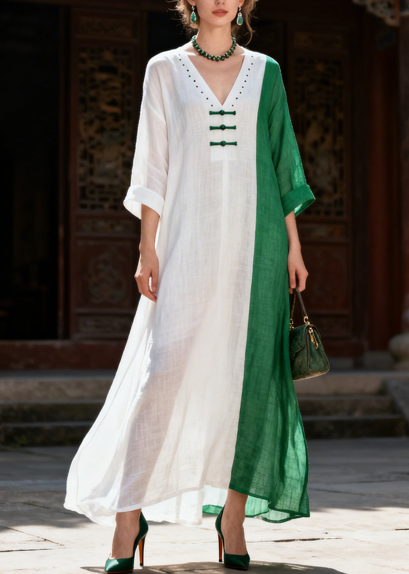Italian White Asymmetrical Patchwork Chinese Button Cotton Dresses Summer