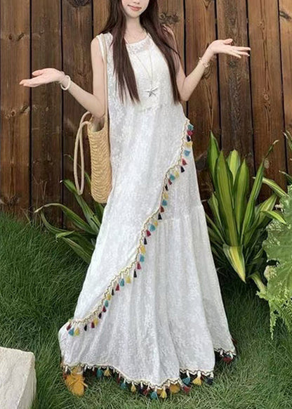 Italian White Asymmetrical Tasseled Tops And Skirts Two Pieces Set Sleeveless