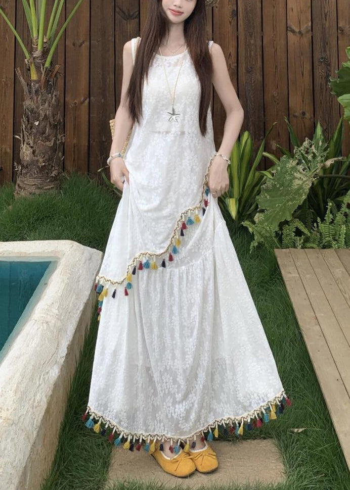 Italian White Asymmetrical Tasseled Tops And Skirts Two Pieces Set Sleeveless