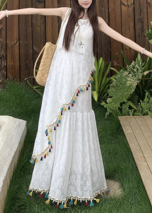 Italian White Asymmetrical Tasseled Tops And Skirts Two Pieces Set Sleeveless