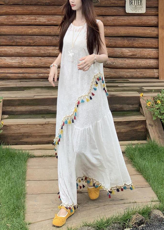 Italian White Asymmetrical Tasseled Tops And Skirts Two Pieces Set Sleeveless