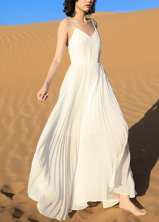 Italian White Backless Wrinkled Chiffon Spaghetti Strap Dress Sleeveless