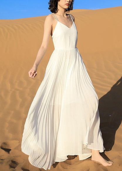 Italian White Backless Wrinkled Chiffon Spaghetti Strap Dress Sleeveless