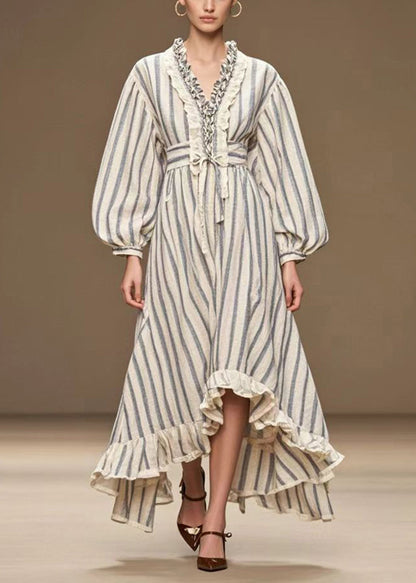 Italian White Cinched Striped Silk Velvet Long Dress Fall