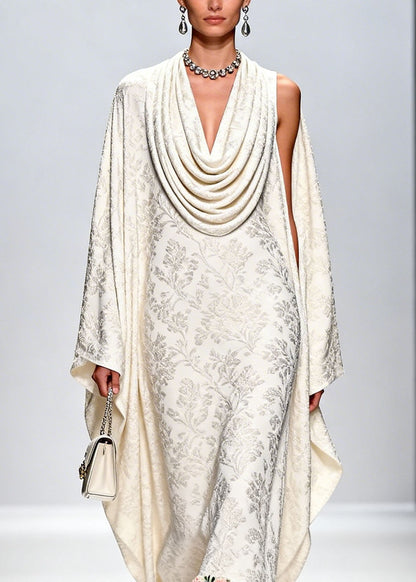 Italian White Draped Neckline Print Ruffled Floral Silk Dress Fall