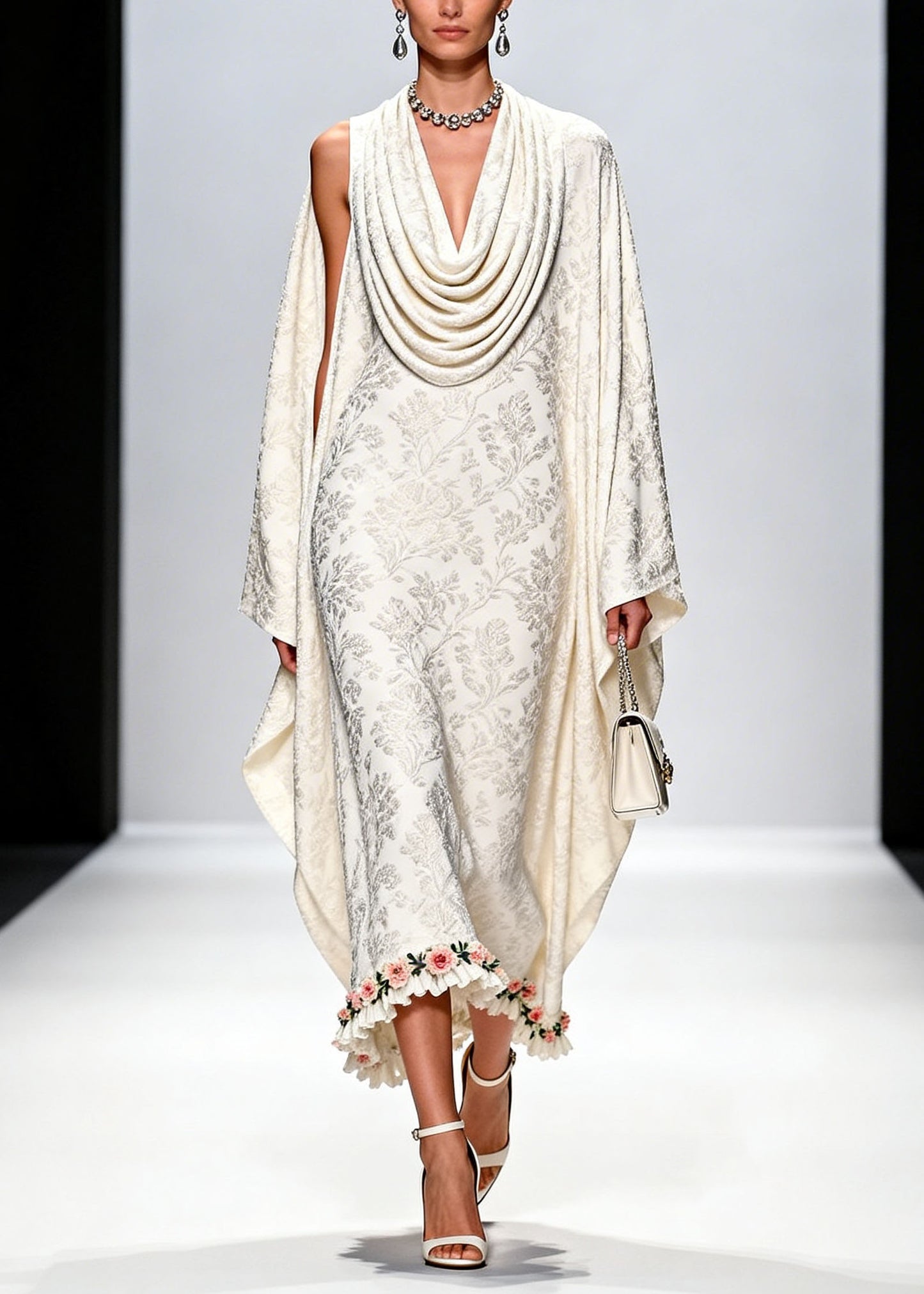 Italian White Draped Neckline Print Ruffled Floral Silk Dress Fall