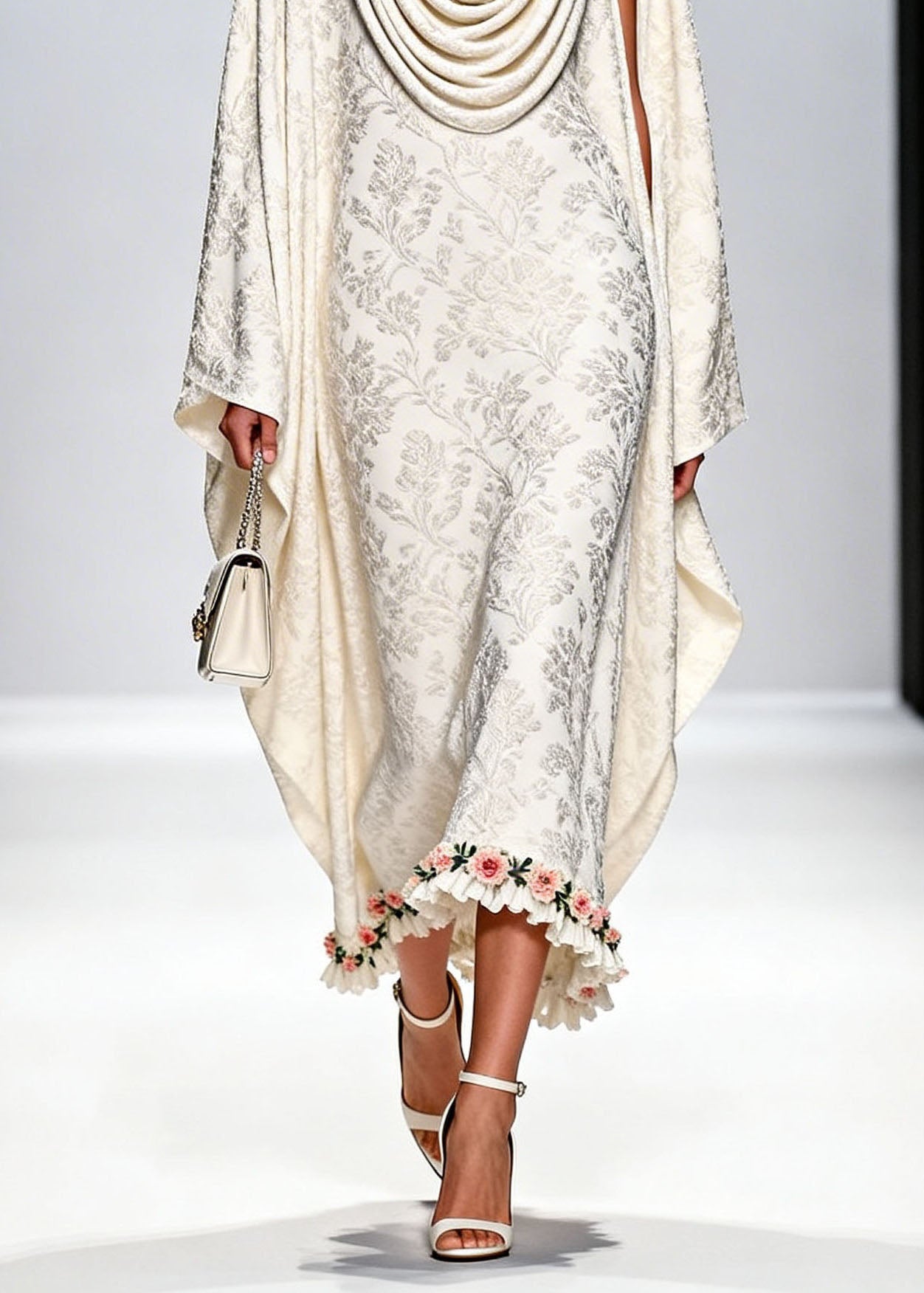Italian White Draped Neckline Print Ruffled Floral Silk Dress Fall