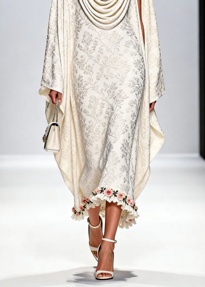 Italian White Draped Neckline Print Ruffled Floral Silk Dress Fall
