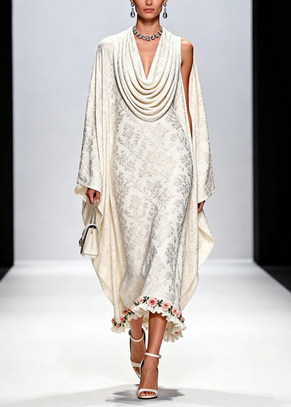Italian White Draped Neckline Print Ruffled Floral Silk Dress Fall