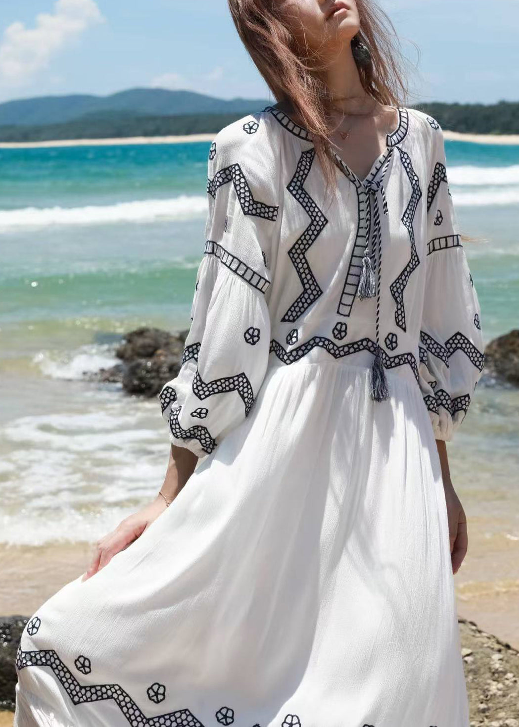 Italian White Embroidered Lace Up Cotton Long Dresses Fall