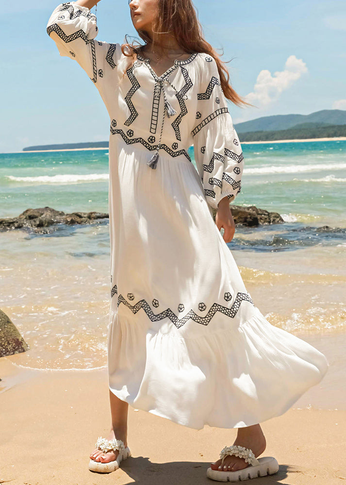 Italian White Embroidered Lace Up Cotton Long Dresses Fall