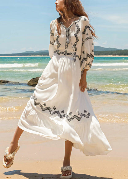 Italian White Embroidered Lace Up Cotton Long Dresses Fall