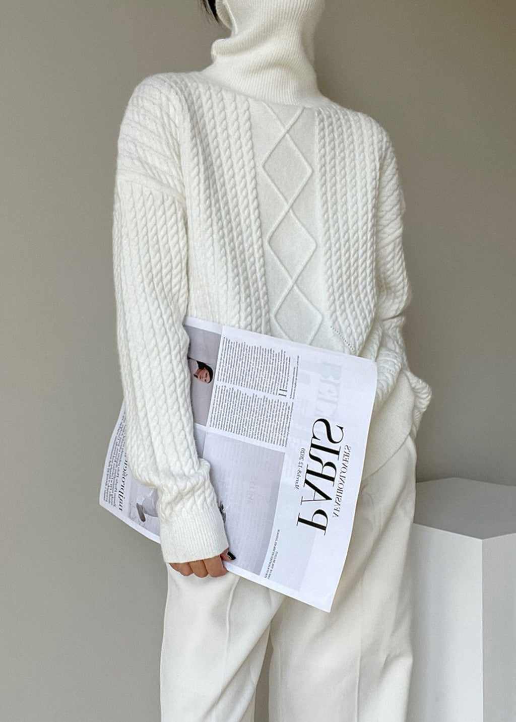Italian White Hign Neck Cable Knit Sweaters Spring – MyPlusWear
