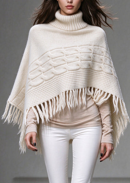 Italian White Hign Neck Tassel Thick Knit Short Sweater Cape Fall