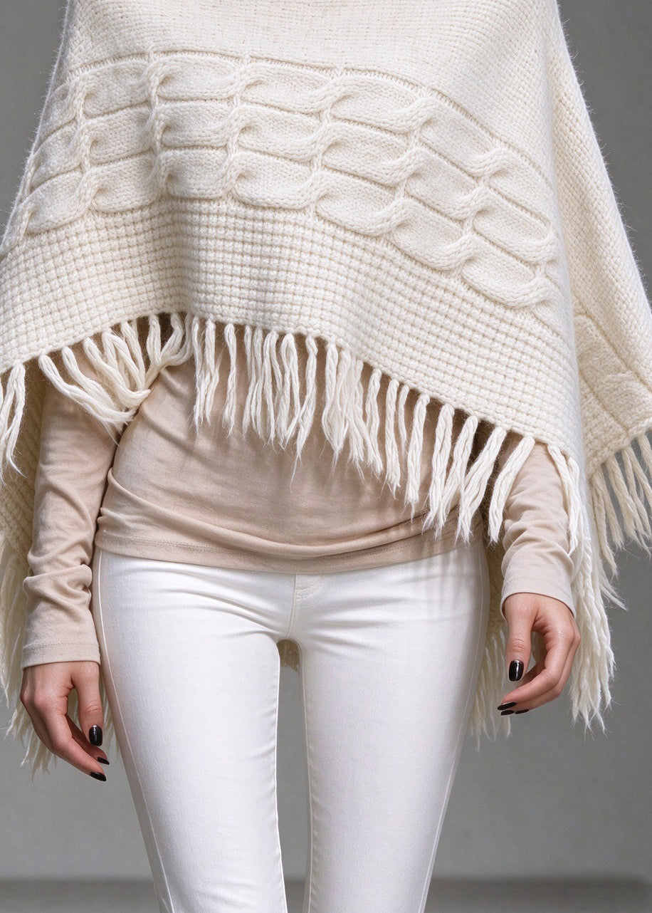 Italian White Hign Neck Tassel Thick Knit Short Sweater Cape Fall