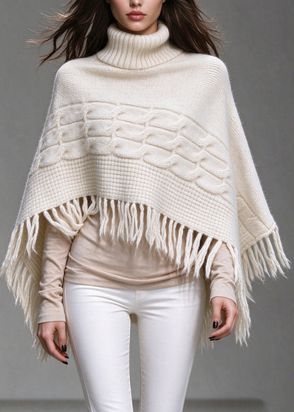 Italian White Hign Neck Tassel Thick Knit Short Sweater Cape Fall