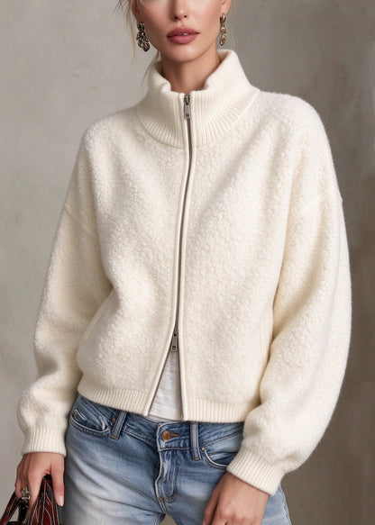 Italian White Hign Neck Zippered Woolen Jacket Winter